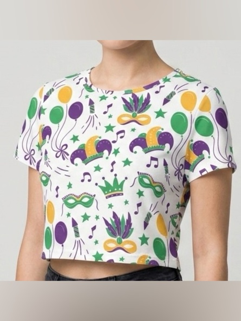 Leevuyu Festive Mardi Gras Mask Jester Hat Balloons Print Crop Baby Tee Small
